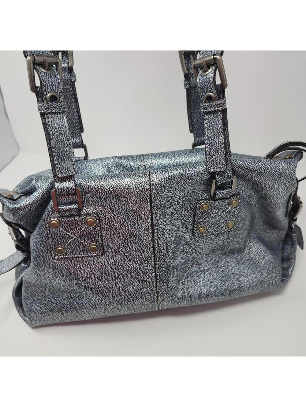 Hype Silver Metallic Double Handle Satchel Genuine Leather Bright Stripes Inside - Picture 5 of 7